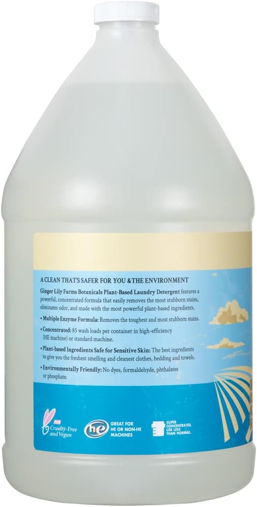 Ginger Lily Farms Botanicals Plant-Based Liquid Laundry Detergent, Free & Clear, Concentrated Formula, HE Compatible, 85 Loads, 1 Gallon (128 fl. oz.)