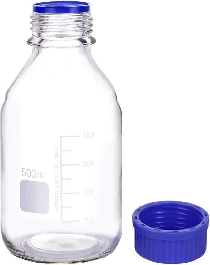 Lab Media Storage Round Bottles Graduated Glass Container GL45 Screw Cap Leakproof Multi-Purpose for Scientific | pack of 8 (Blue,500ml)
