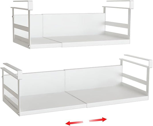 Expandable Under Cabinet Shelf Organizer with 0.94-Inch Thick Clips, Heavy Duty Extendable Under Shelf Storage Basket for Pantry or Laundry Room, White, 2 Pack, Interior: 4.13" H x 7.2" D