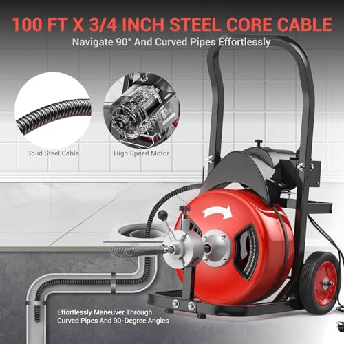 MAXSA 100Ft 3/4 Inch Drain Cleaning Machine, 750W Auto Feed Sewer - Image 7