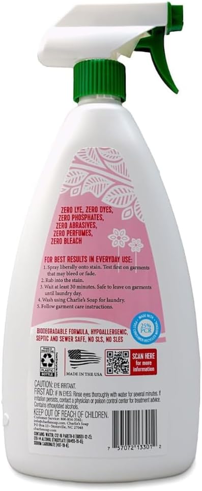 Charlie’s Soap Laundry Pre-Spray with Spray Top 32 Fl. Oz Bottle, Pack of 2, Natural Laundry Pretreat and Stain Remover – Powerful and Eco-Friendly