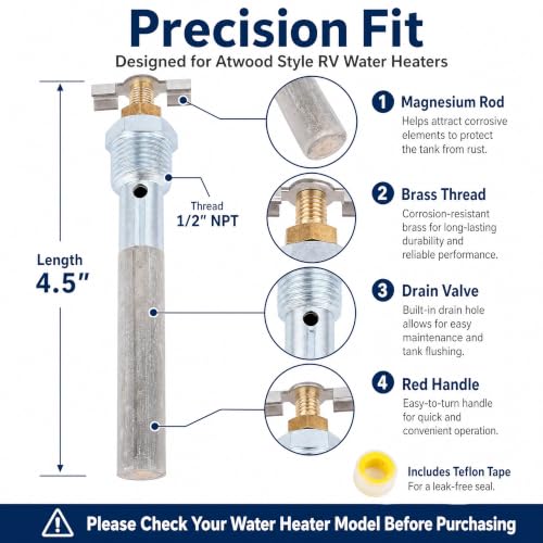 RV Water Heater Anode Rod with Drain Valve 4.5 X 1/2in NPT Quick - Image 3