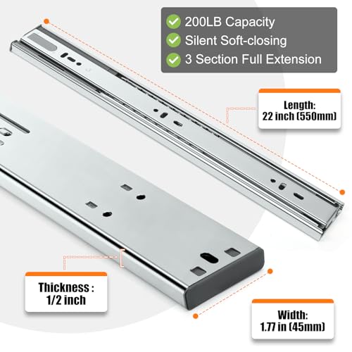HBL'1 Pair Soft Close Drawer Slides 22 inch,Full Extension - Image 7