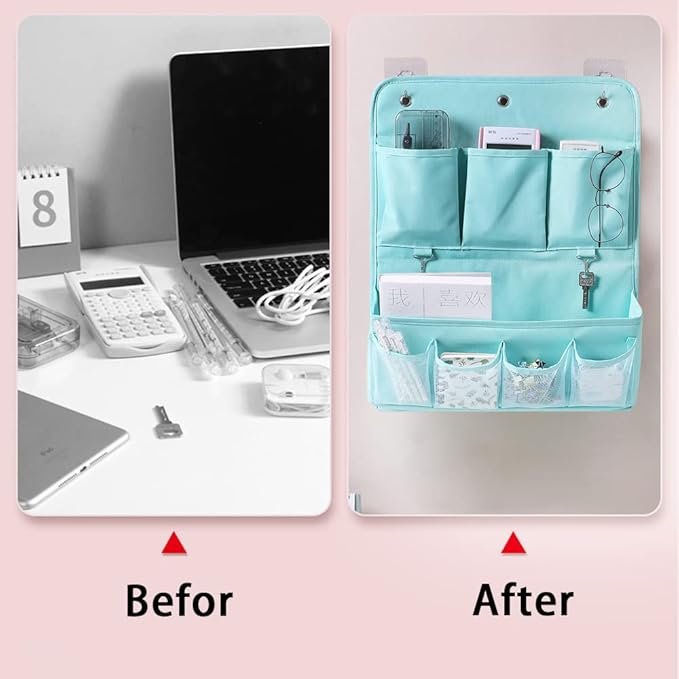 HSLFUAI Hanging Organizer with Pockets – Wall & Door Storage Bag with 3 Sticky Hooks – Hanging Storage Organizer for Bathroom, Bedroom, Closet, Dorm, Washing Table (2Layer, Blue)