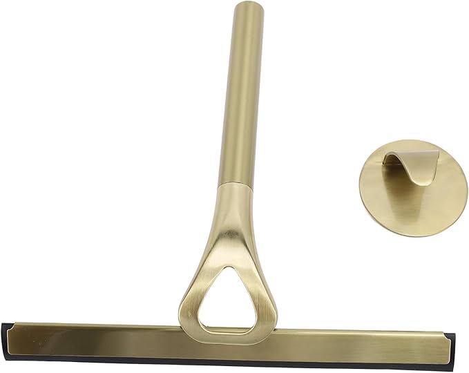 Shower Squeegee for Glass Doors, 304 Stainless Steel Silicone Window Squeegee Bathroom Cleaner Tool Shower Glass Squeegee Shower Door with Hooks for Window Cleaning (Gold)