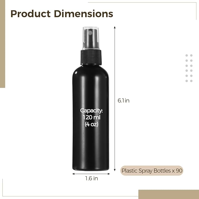 ZALIR 90 Pcs 4 oz Plastic Spray Bottles - 120 ML Travel Size, Fine Mist Sprayers, Ideal for Perfumes, Cosmetics, Cleaning Solutions, and More, Black