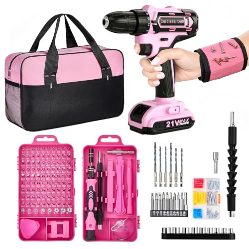 Pink Cordless Drill Set 202 Pcs, 21V Pink Power Drill Tool - Image 2