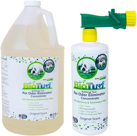 BioTurf BioS+ Odor Eliminator Concentrate Kit – Artificial Turf Cleaner for Dog Urine & Feces – Outdoor Yard Deodorizer Enzyme – Includes 1 Gallon, 32oz Spray Bottle & Hose Attachment