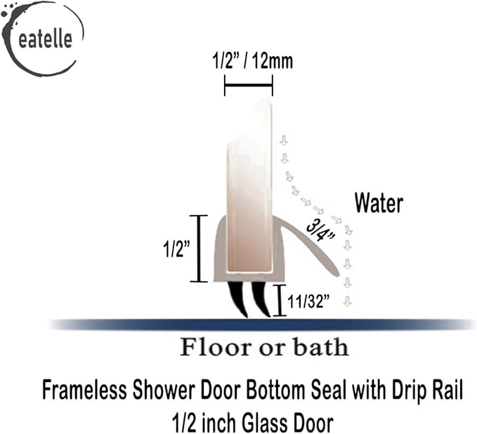 eatelle Shower Door Bottom Seal with Drip Rail for 1/2" (12mm) Thick Glass, 36" Long Sweep - Ultra Clear Polycarbonate