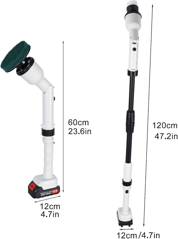 Electric Spin Scrubber, Cordless Cleaning Brush Scrubber, Shower Scrubber with 4 Replaceable Heads, IPX7 Waterproof, Dual Batteries, Adjustable Telescopic Handle for Bathroom/Tile/Grout/Floor (White)