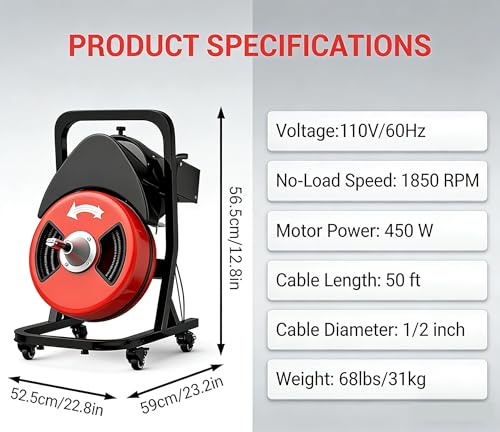 50FTx1/2 Inch Drain Cleaner Machine with Wheels, Sewer Snake - Image 3