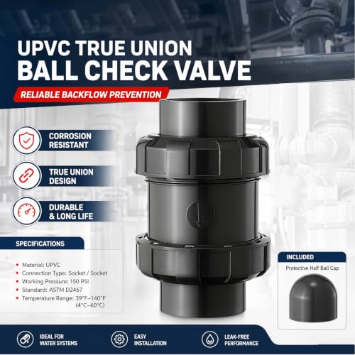 1-1/2" SCH80 PVC True Union Check Valve, Gravity Ball - Image 5