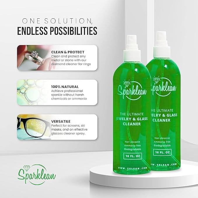 SPARKLEAN Jewelry & Glass Cleaner Spray (2 Oz) - Biodegradable, Ammonia-Free Solution for Gold, Silver & Diamond Rings - Safe for All Metals & Gemstones - Eco-Friendly - Travel Size