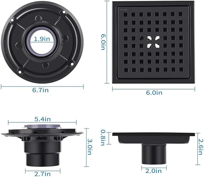 ELLO&ALLO 6 Inch Square Shower Floor Drain with Flange,Removable Quadrato Pattern Grate, SUS 304 Stainless Steel in Oil Rubbed Bronze