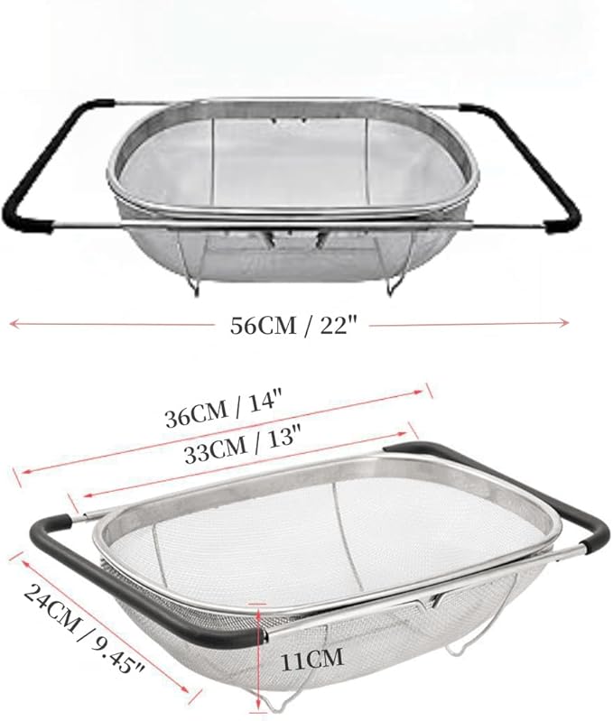 4qt Stainless Steel Oval Strainer Basket Colander, Over The Sink Colander Fine Mesh Expandable, Colander For Kitchen Sink, Vegetables, Strain, Drain, Rinse Fruits (6 Quart Strainer Basket)