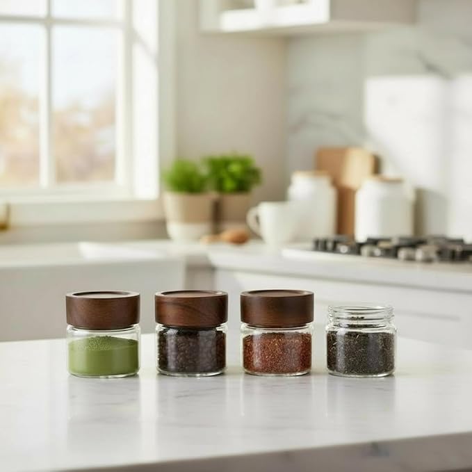 Wide Mouth Glass Storage Jars With 2.5" Acacia Wood Lids - 6 Pack of 4 Oz Food Storage Containers - Borosilicate Glass Canisters Sets For Kitchen - Pantry Organizers and Storage for Rice Coffee Beans