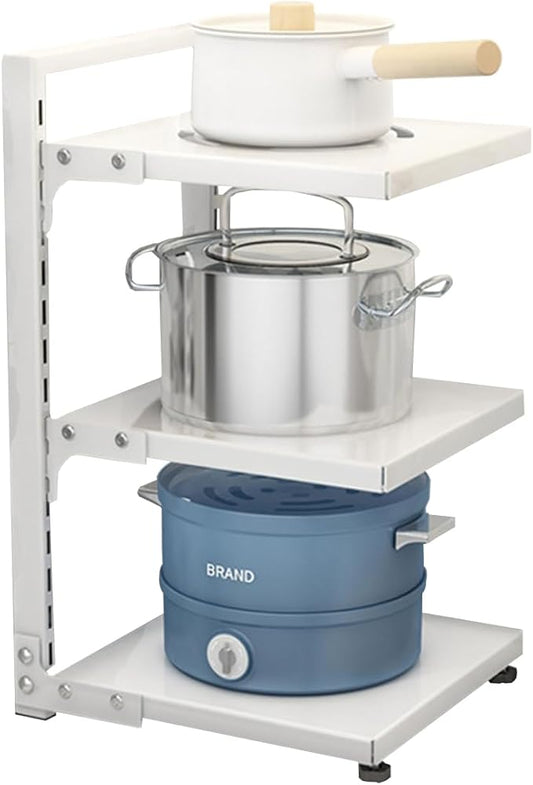 Heavy Duty Pan Rack, Pot Lid Rack, Kitchen Cabinet Pantry Cookware Organizer Rack Holder with 3 Adjustable Dividers, White Pots and Pans Organizer