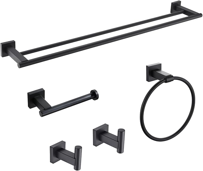 Miyili Matte Black 5-Piece Bathroom Hardware Kit Set Stainless Steel Wall Mount - Includes Double Towel Bar, Hand Towel Rack, Toilet Paper Holder, 2X Robe Hook, BS02B5