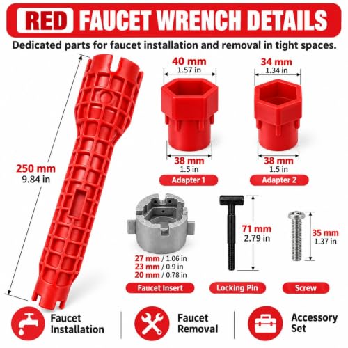 8 Pcs Sink Wrench Basin Wrench Set, Plumbing Tools with Bag, Red - Image 3