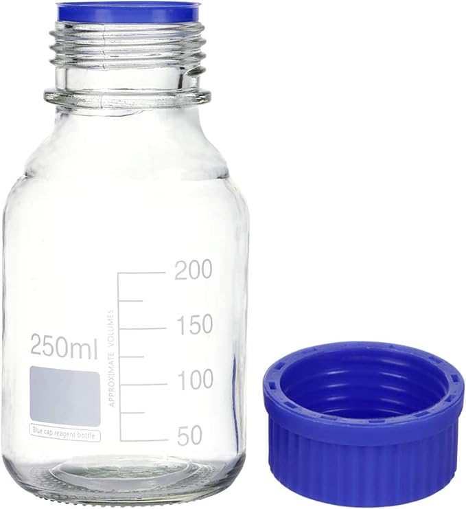 Lab Media Storage Round Bottles Graduated Glass Container GL45 Screw Cap Leakproof Multi-Purpose for Scientific | pack of 10 (Blue,250ml)