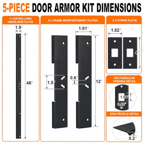 5-Piece Door Reinforcement Kit, 46" Steel Anti Kick-in Set, Black - Image 3