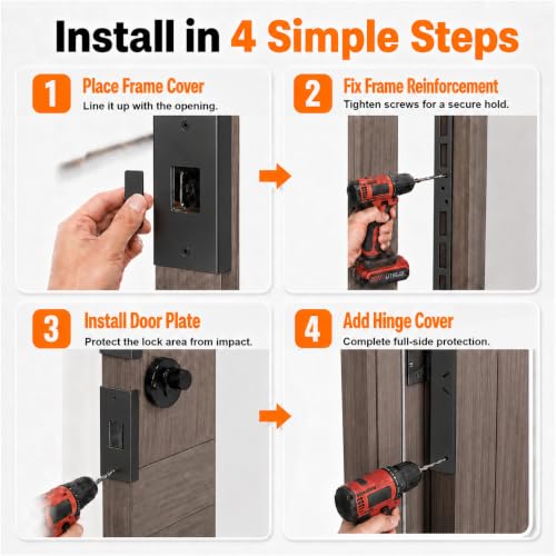 5-Piece Door Reinforcement Kit, 46" Steel Anti Kick-in Set, Black - Image 7
