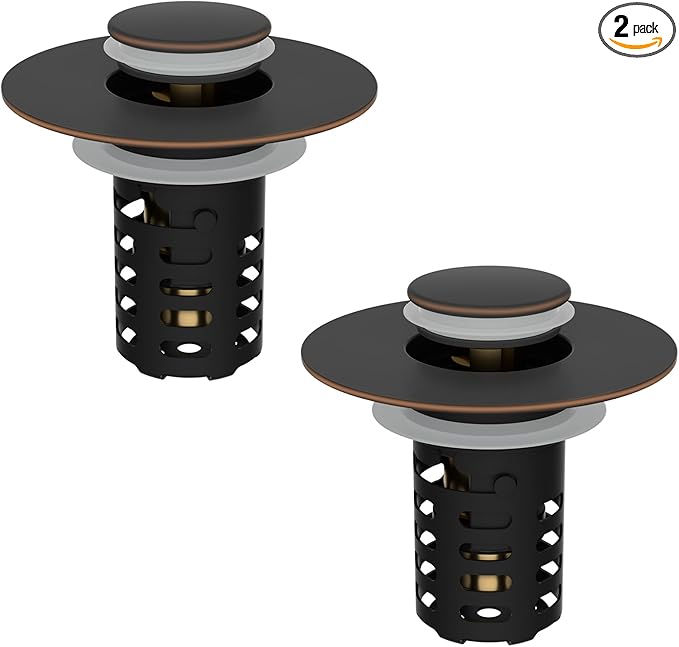 Upgraded Bathroom Sink Drain Strainer Hair Catcher 2PCS Universal 3 in 1 Pop-up Sink Stopper, Fit for 1.1''~2.36'' Basin Hole, with Detachable Stainless Steel Filter Basket, Oil Rubbed Bronze