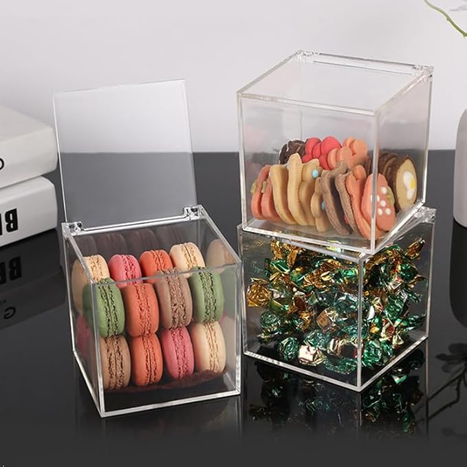 Acrylic Box with Hinge Lid, Clear Cube Display Case, Multi-Purpose Box Square Container for Holding Staples, Highlighters, Adhesive Tape, Paper Clips, Stamps, Display in Office or Home