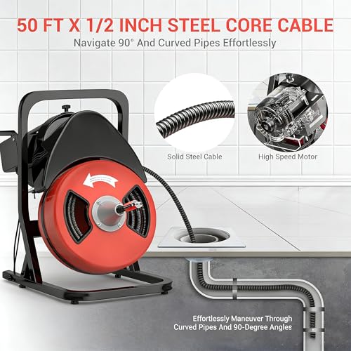 50FTx1/2 Inch Drain Cleaner Machine with Wheels, Sewer Snake - Image 4