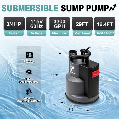 3/4 HP Automatic Submersible Sump and Utility Pump, 3300 GPH - Image 3