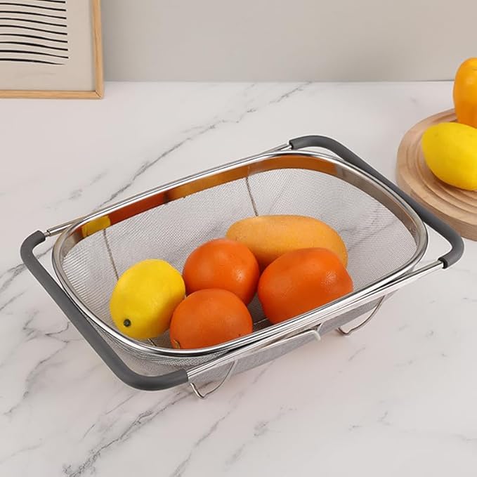4qt Stainless Steel Oval Strainer Basket Colander, Over The Sink Colander Fine Mesh Expandable, Colander For Kitchen Sink, Vegetables, Strain, Drain, Rinse Fruits (6 Quart Strainer Basket)