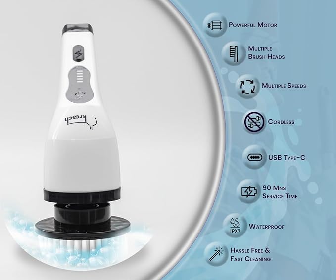 Kreech Electric Spin Scrubber, 9 in 1 Cordless Shower and Kitchen Cleaner Brush with Long Handle, Fast Charge, IPX7 Waterproof, Adjustable Speeds