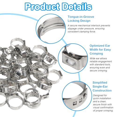 40Pcs 15.3mm-18.5mm (1/2") Single Ear Hose Clamps PEX Crimp Rings - Image 5