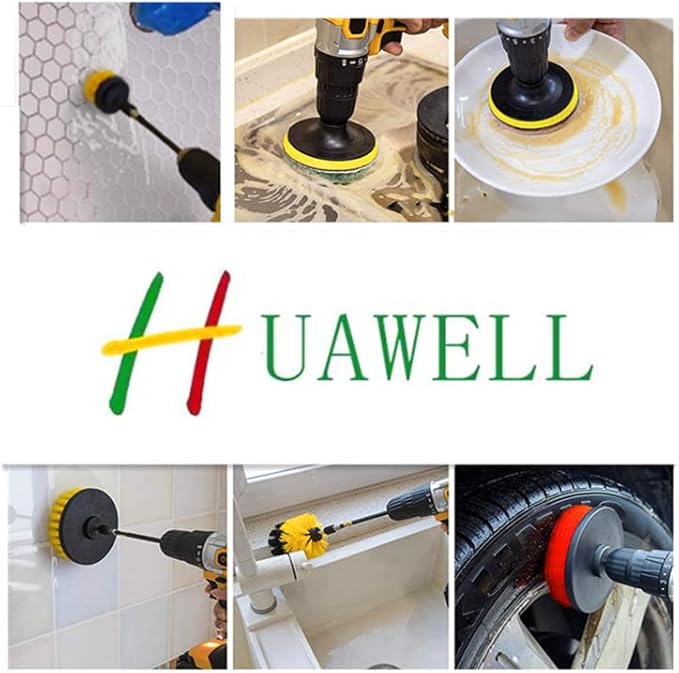 HUAWELL 8 Pack Drill Brush Power Scrubber Cleaning Brush Extended Long Attachment Set All Purpose for Bathroom Surfaces, Grout, Floor, Tub, Shower, Tile, Kitchen and Car (Yellow)
