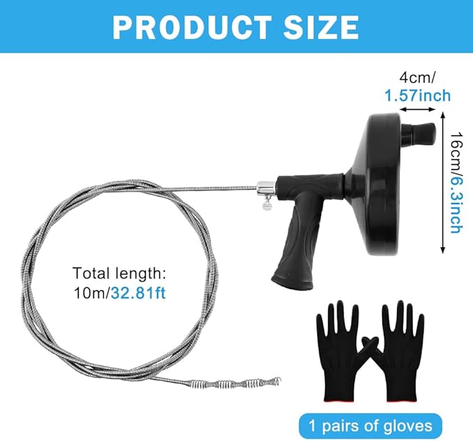33ft Drain Clog Remover, Drain Hair Remover with Gloves, Rotating Handle Flexible Plumbing Snake Cleaner Tool for Kitchen,Bathrom and Shower (Black)