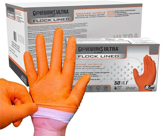 GLOVEWORKS Industrial Orange Disposable Gloves, Flock-Lined Nitrile Gloves, Raised Diamond Textured Grip, 8 mil