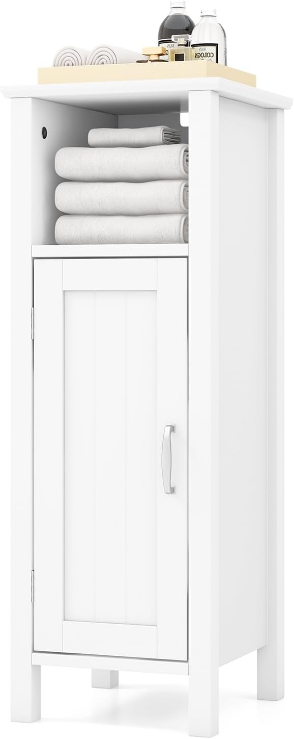 HAPPYGRILL Bathroom Floor Cabinet, Freestanding Narrow Storage Cabinet Console Table Nightstand with Adjustable Inner Shelves, Bathroom Side Storage Cabinet for Living Room Kitchen Entryway (White)