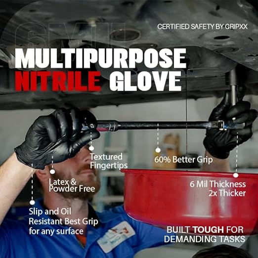 Heavy Duty 6 Mil Black Nitrile Gloves - Disposable, Latex & Powder Free | Mechanic, Food Prep & Tattoo | Rubber Gloves for Cooking, Cleaning & Household | Pack of (200)
