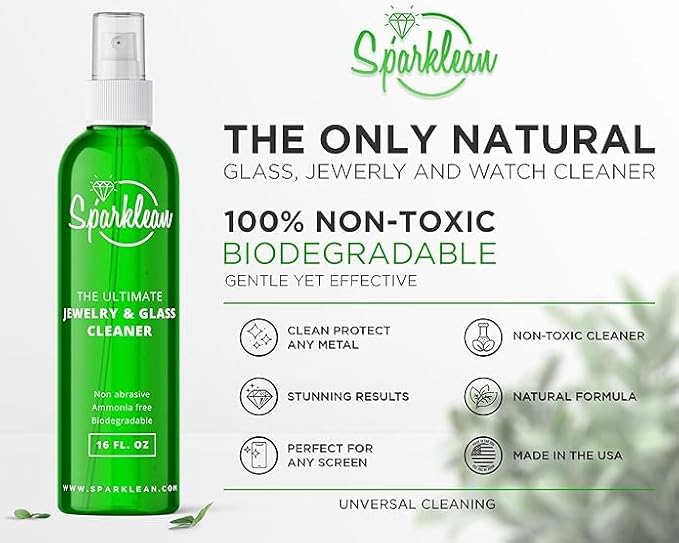 SPARKLEAN Jewelry & Glass Cleaner Spray (32 Oz) - Biodegradable, Ammonia-Free Solution for Gold, Silver & Diamond Rings - Safe for Ultrasonic Machines - Eco-Friendly - Bulk Size
