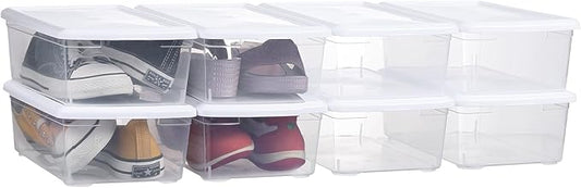 8 PCS Plastic Shoe Boxes Clear Stackable Storage Bins with Lids See-Through Rectangular Storage Boxes Durable Lidded Shoe Boxes for Home and Art Supplies (White)