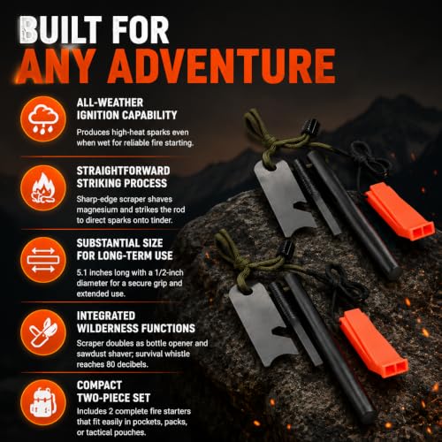 2 Pack Magnesium Fire Starter Kit with Scraper and Whistle - Image 5