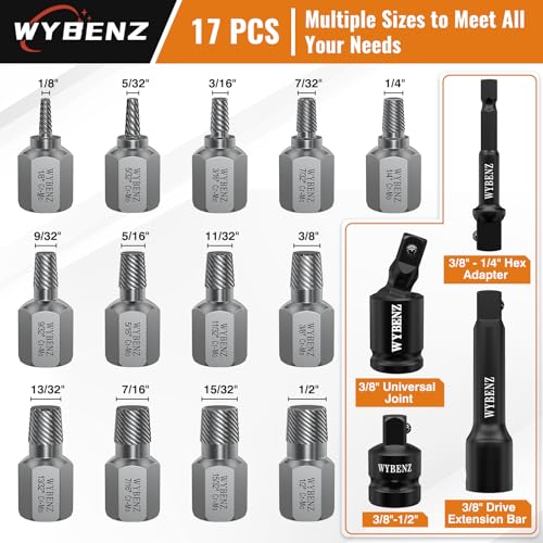 17Pcs Screw Extractor Set, 3/8" Inch Drive Multi-Spline - Image 3