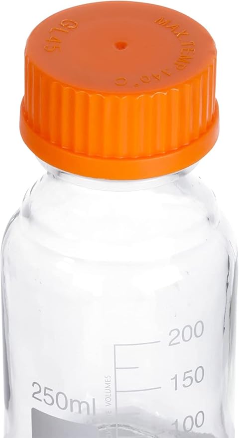 Lab Media Storage Round Bottles Graduated Glass Container GL45 Screw Cap Leakproof Multi-Purpose for Scientific | pack of 10 (Orange,250ml)