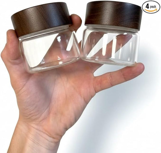 Wide Mouth Glass Storage Jars With 2.5" Acacia Wood Lids - 4 Pack of 4 Oz Food Storage Containers - Borosilicate Glass Canisters Sets For Kitchen - Pantry Organizers and Storage for Rice Coffee Beans
