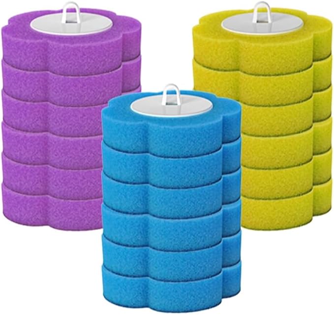 Disposable Toilet Brush Refill Sponges, 18 Pcs, 3 Layers, Blue, Purple, Yellow
