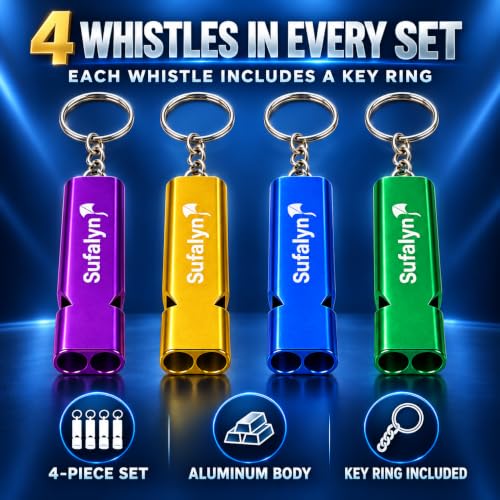 4 Pack Aluminum Emergency Whistles with Straps and Key Rings - Image 3
