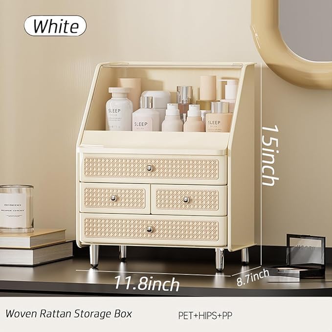 Large Cosmetic Storage Box Dustproof And Waterproof. Display Case with Drawers Countertop Vanity Organizer for Skincare, Lipsticks, Perfume – Bathroom Cosmetic Storage Display Box (White)