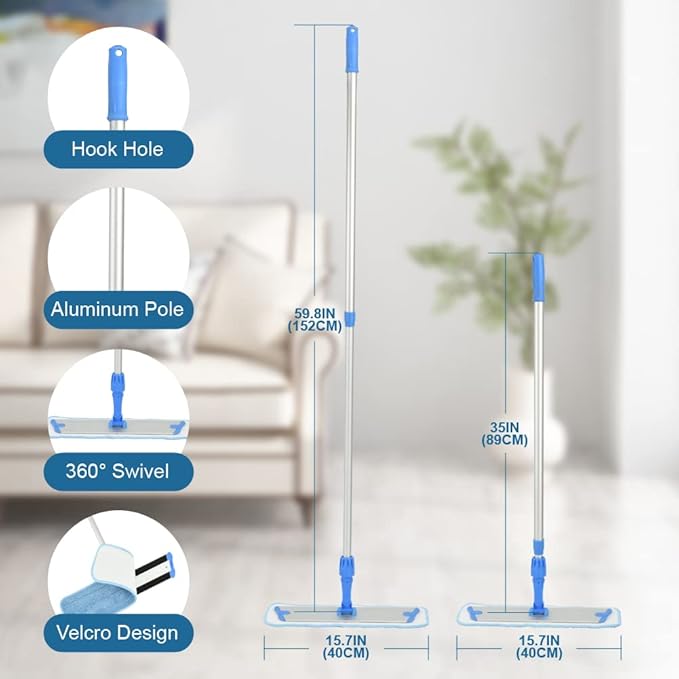 Layers 18 Inch Microfiber Mop for Floor Cleaning-Hardwood with 3 Washable Mop Pads, with 59.8‘’ Extra-Long Aluminium Handle for Wet Dry Dust Household Cleaning.