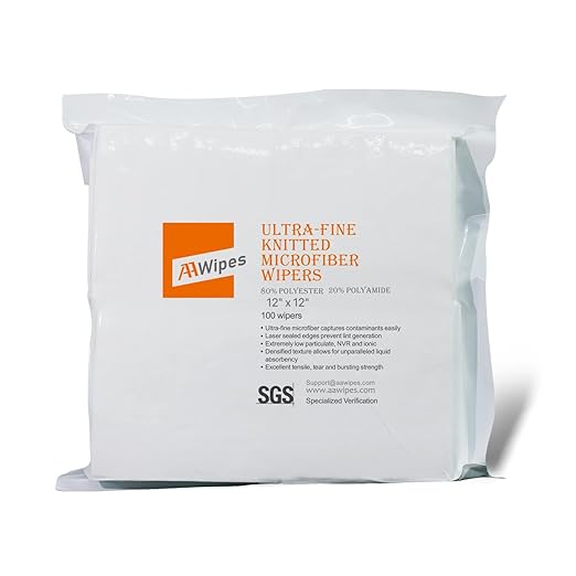 AAwipes Superfine Microfiber Wipes Knitted Cleanroom 12"x12" (100 Counts/Bag, 180gsm, Polyester) High-End Lint Free Cloths for Fiber Optics, Laser Sealed Edge Class 100 Cloths (MF18012)