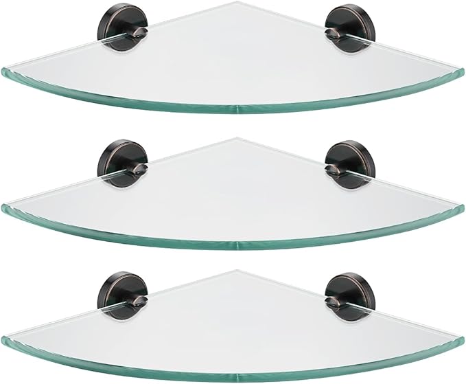 JQK Corner Glass Shelf, Oil Rubbed Bronze Bathroom 304 Stainless Steel Shower Triangle Floating Wall Shelf, 10 x 10 Tempered Glass, 3 Pack, TGS190L10-ORB-P3
